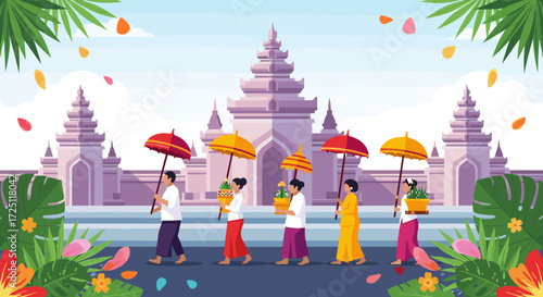 Ceremony Procession of Worshippers Offering Colorful Baskets at Bali Temple During Sunrise – Cultural Art Illustration