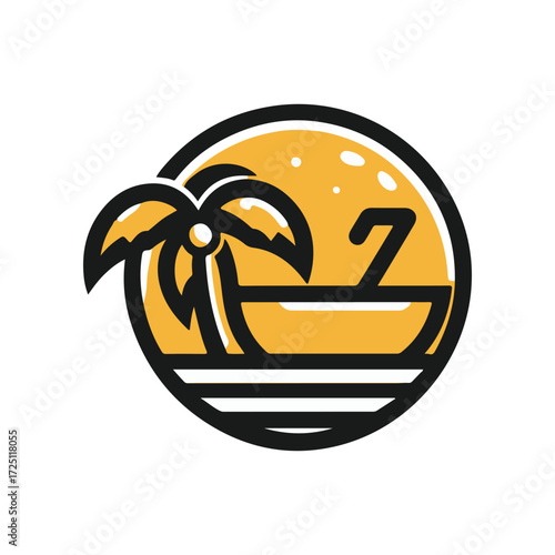 Tropical beach scene featuring a palm tree and a boat under a bright yellow sun