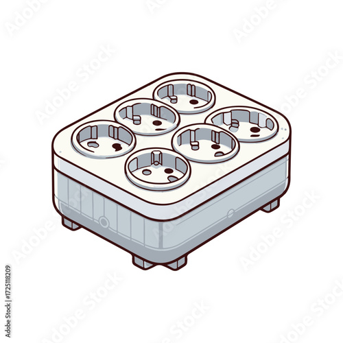 Illustration of a five-socket power strip on a white background with no visible text or logos