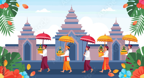 Spiritual Offering Procession at Sunrise, Traditional Artwork of People in Nature, Bali, Indonesia