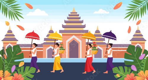 Colorful Offering Procession at Temple During Sunrise, Traditional Artwork of People in Tropical Bali