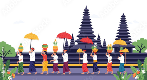 Colourful Procession of People in Traditional Clothing near Temple in Bali, Indonesia - Graphic Artwork