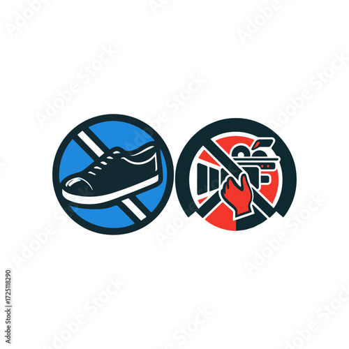 Two prohibition symbols illustrating no shoes and no photography allowed in a public space