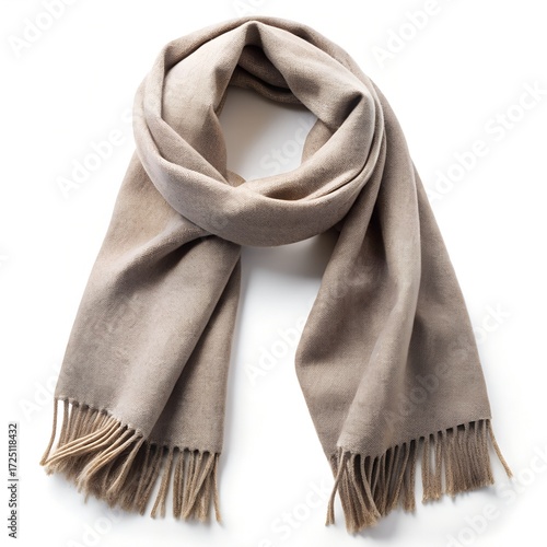 A warm, neutral beige scarf with fringe isolated on a white background