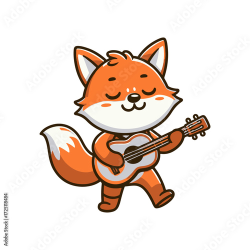 Playful cartoon fox joyfully strumming a guitar, set against a simple white background