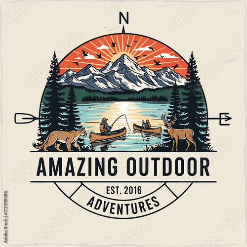 Outdoor recreation badge featuring a mountain lake, forest, fishermen in canoes, and wild animals