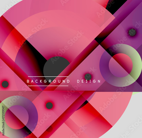 Abstract design features overlapping circles, lines, gradients. Pink, purple hues dominate composition. Modern aesthetic.