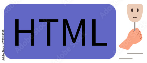 HTML text in bold within a rectangle alongside a hand holding a smiling mask. Ideal for technology, coding, digital communication, facade, user interface, identity, and creativity themes. Simple flat