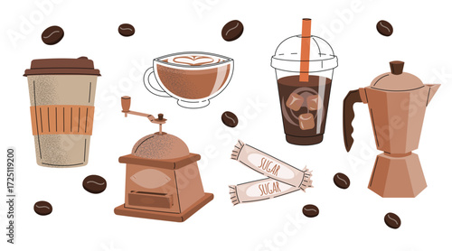 Coffee beverages icons set. Take away cup, grinder, iced coffee, sugar sachets and Italian macchiato pot. Vector illustrations isolated on white.