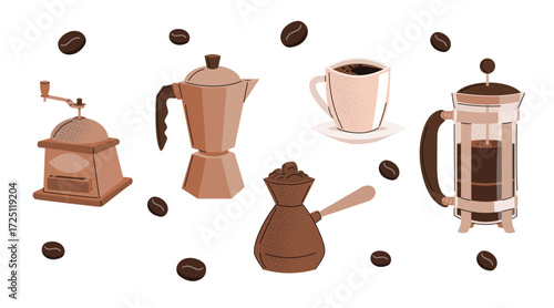 Coffee beverages icons set. Italian Macchiato pot, grinder, iced coffee, cezve and French press pot. Vector illustrations isolated on white.