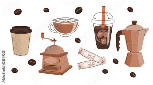 Coffee beverages icons set. Take away cup, grinder, iced coffee, sugar sachets and Italian macchiato pot. Vector illustrations isolated on white.