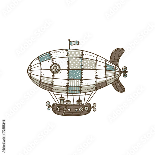 Vintage patchwork airship floating in a clear sky, showcasing whimsical design and craftsmanship