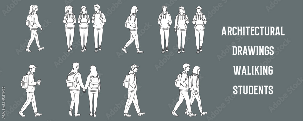 Obraz Architectural Drawings Hand Drawn Students Walking vector illustration,  front view, human person Minimal style hand drawn. Sections, Elevations, Floor Plans
