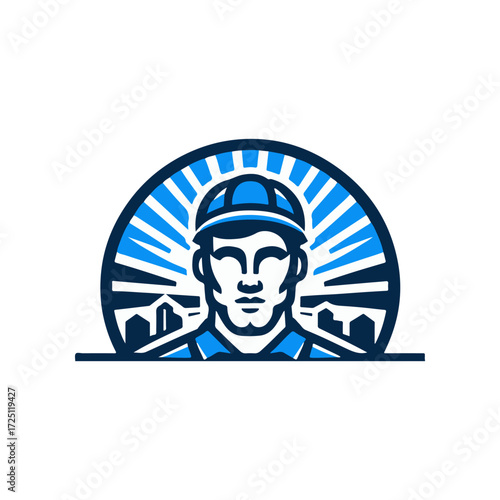 Worker wearing a cap against a backdrop of sun rays and buildings, symbolizing labor