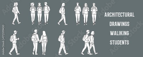 Architectural Drawings Hand Drawn Students Walking vector illustration,  front view, human person Minimal style hand drawn. Sections, Elevations, Floor Plans