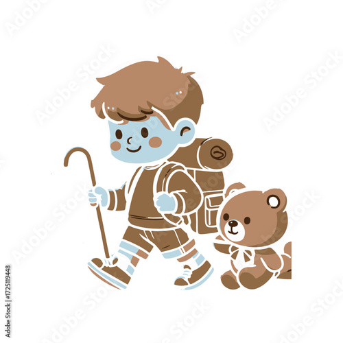 Young boy hiking with a teddy bear, carrying a backpack, enjoying nature on a sunny day