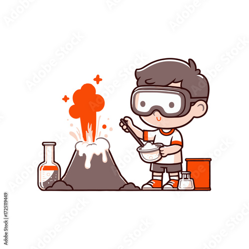 Young boy conducting a colorful volcano experiment in a lab setting, surrounded by science tools