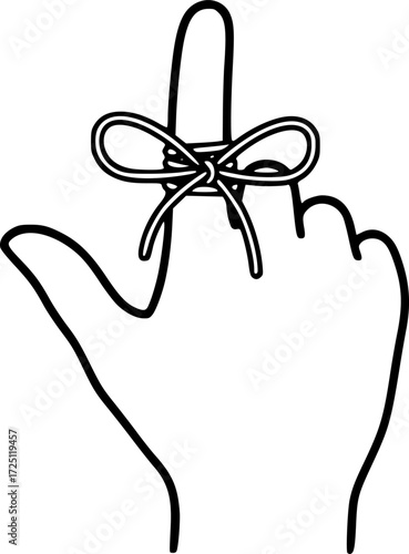 A hand with a string tied around the index finger, black and white icon