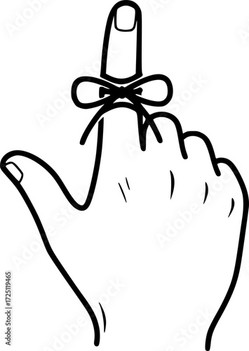 A hand with a string tied around the index finger, black and white icon