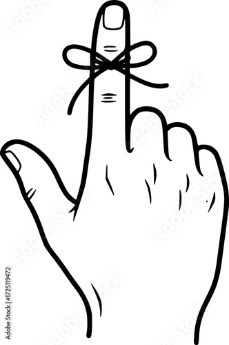 A hand with a string tied around the index finger, black and white icon