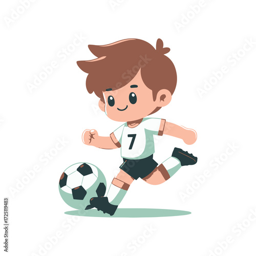 Young boy in a soccer jersey kicking a ball on a plain background, showcasing sports enthusiasm