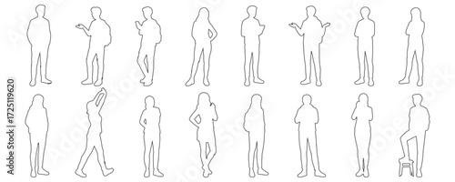 Architectural Drawings Sketch Art Outline Standing Students with different pose vector illustration,  front view, human person Minimal style hand drawn. Sections, Elevations, Floor Plans