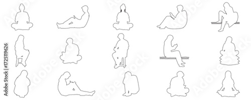 Architectural Drawings Sketch Art Outline Students Sitting with different pose vector illustration,  front view, human person Minimal style hand drawn. Sections, Elevations, Floor Plans