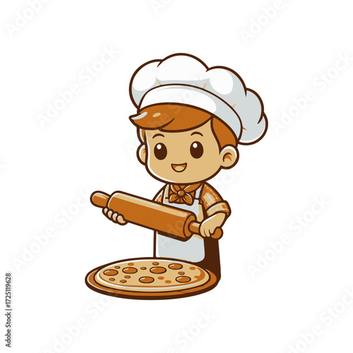 Young chef happily rolling out dough for a pizza in a bright kitchen setting