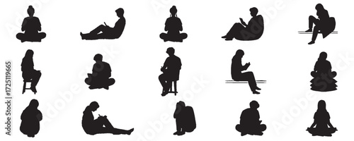 Architectural Drawings Sketch Art Silhouette Students Sitting with different pose vector illustration,  front view, human person Minimal style hand drawn. Sections, Elevations, Floor Plans