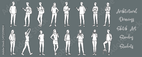 Architectural Drawings Sketch Art Standing Students with different pose vector illustration,  front view, human person Minimal style hand drawn. Sections, Elevations, Floor Plans