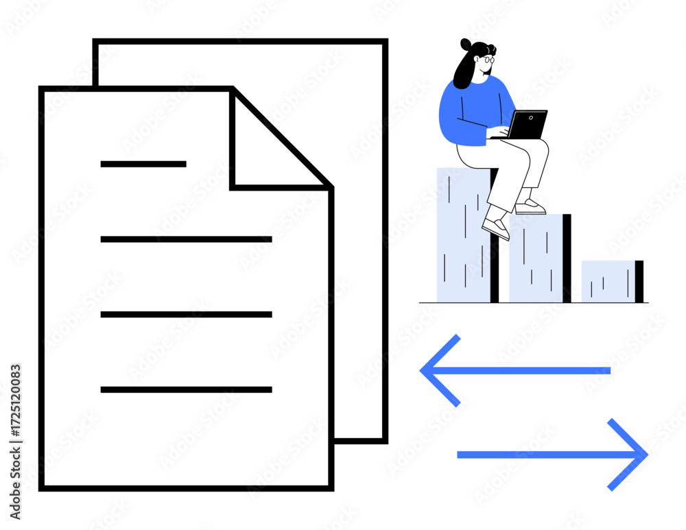 Fototapeta premium Two stacked documents, a woman working on a laptop perched on a bar chart, and two arrows symbolizing exchange and collaboration. Ideal for teamwork, data flow, remote work, education, analytics