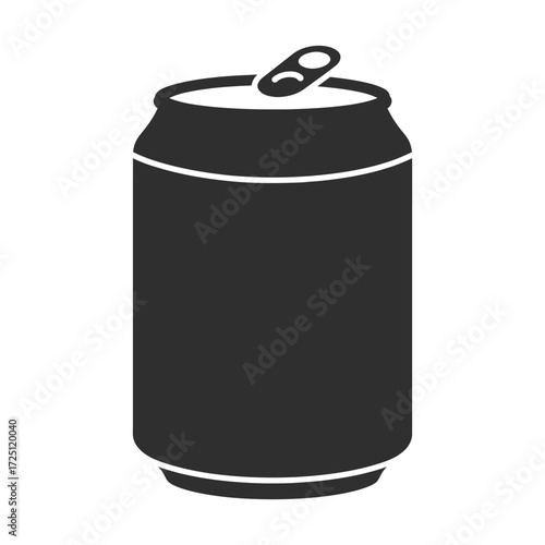 Flat vector soda can illustration in black tone, isolated on white background, suitable for carbonated drink icon, fast food design, junk food graphic, refreshment symbol, or beverage package art.
