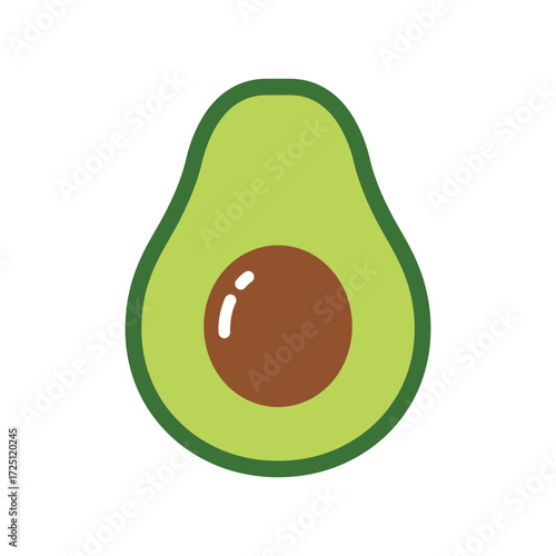 Flat vector avocado fruit illustration cut in half with visible seed, isolated on white background, suitable for organic food icon, vegetarian diet design, healthy nutrition graphic, or tropical fruit