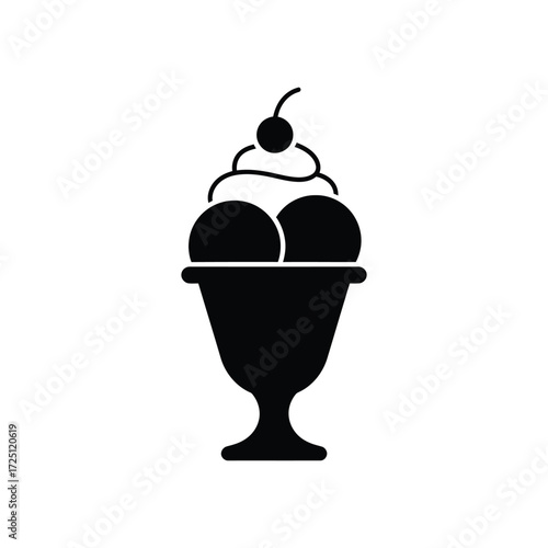 Flat vector ice cream sundae illustration in dark tone with topping, isolated on white background, suitable for dessert icon, summer snack design, cold sweet food graphic, or party treat concept.