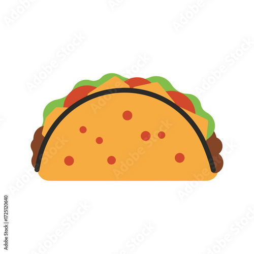 Flat vector taco illustration with tortilla shell filled with meat, vegetables, and cheese, isolated on white background, perfect for Mexican food icon, fast food design, snack graphic, or restaurant 