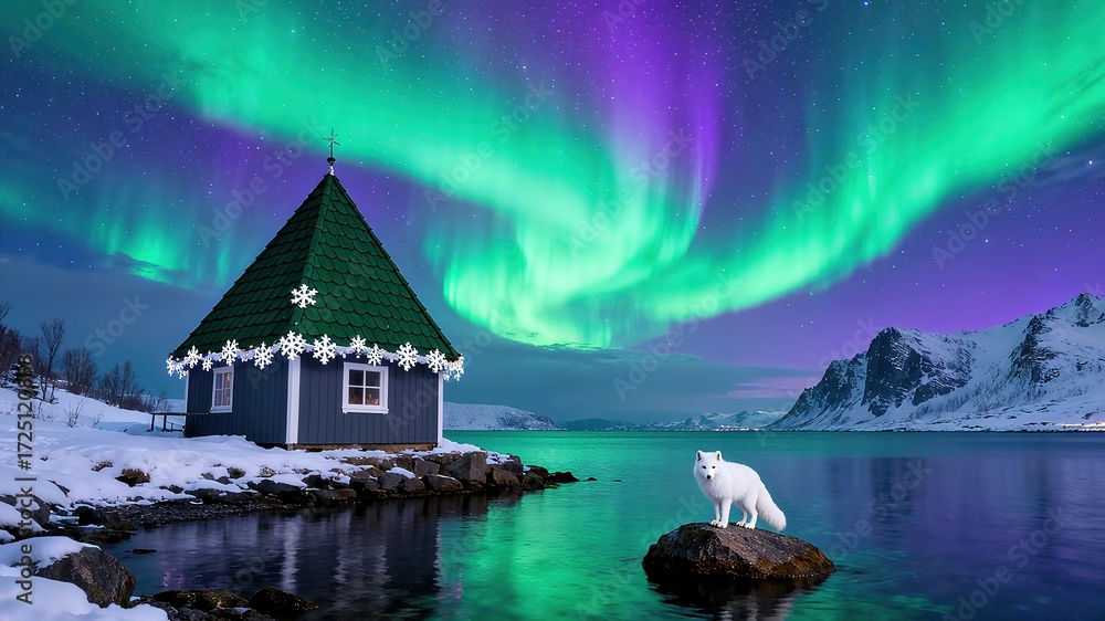 Fototapeta premium Christmas Cabin under Aurora Borealis with Arctic Fox