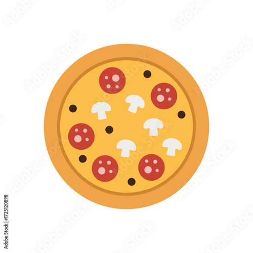 Flat vector pizza illustration with topping of pepperoni and mushrooms, isolated on white background, suitable for Italian food icon, fast food design, junk food graphic, or restaurant menu symbol.