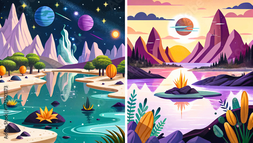 Surreal alien planet vector with glowing river, futuristic landscape, mysterious rocks, cosmic sky, extraterrestrial environment, fantasy scene illustration.