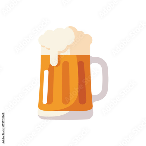 Flat vector beer mug illustration with golden liquid and frothy foam, isolated on white background, suitable for alcohol drink icon, celebration design, pub graphic, party beverage concept, or bar men