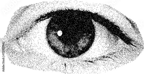 Black and White Stippled Human Eye with Detailed Iris and Pupil