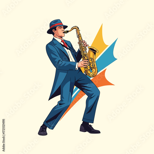 A charismatic jazz saxophonist in a vintage blue suit giving an expressive musical performance