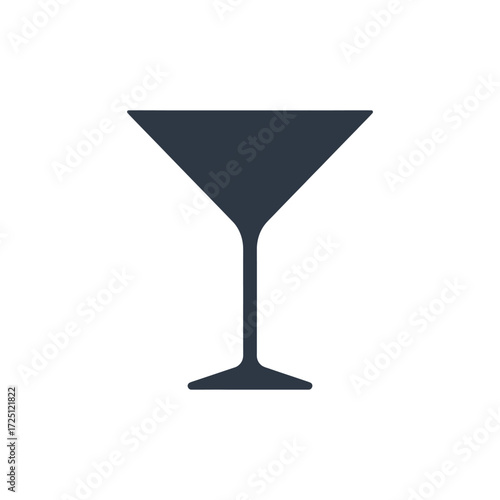 Flat vector martini glass illustration in dark gray, isolated on white background, suitable for cocktail drink icon, bar menu design, alcohol beverage graphic, celebration drink concept, or nightlife 