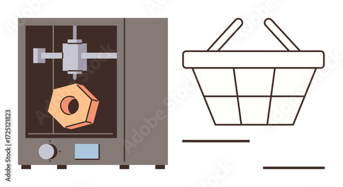 3D printer crafting a geometric object with basket beside it, symbolizing production, innovation, e-commerce, technology, online shopping, industrial design, and futuristic trends. A simple flat