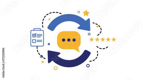 Feedback loop with arrows speech bubble and rating icons for evaluation and improvement