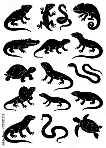 Reptiles icon set, silhouette version