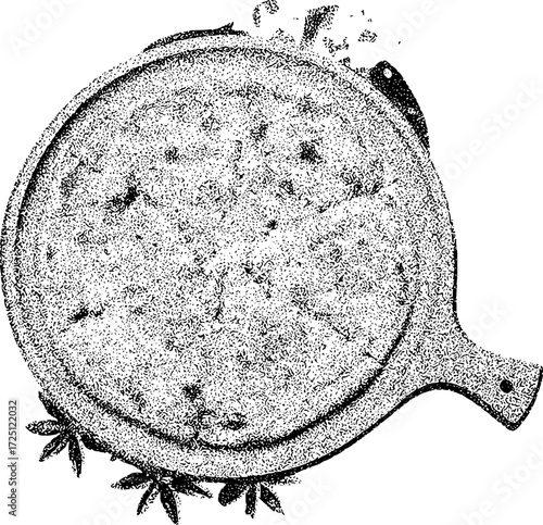 Overhead view of a rustic pizza on a wooden peel with herbs