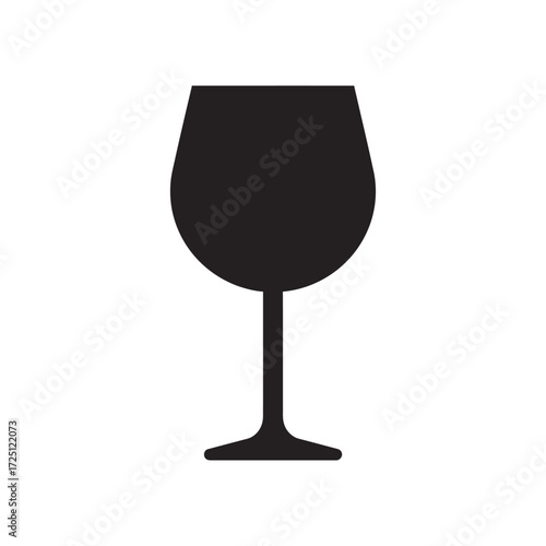 Flat vector wine glass icon in black color, isolated on white background, suitable for drink illustration, bar menu design, alcohol beverage graphic, celebration concept, or restaurant drink symbol.