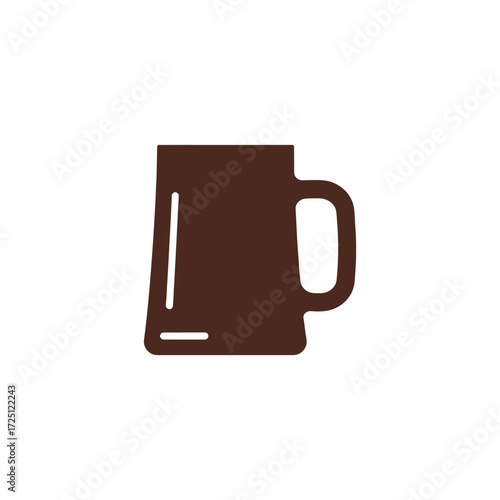 Flat vector beer mug icon in brown with simple handle, isolated on white background, suitable for drink illustration, alcohol beverage design, bar menu graphic, or celebration drink symbol.