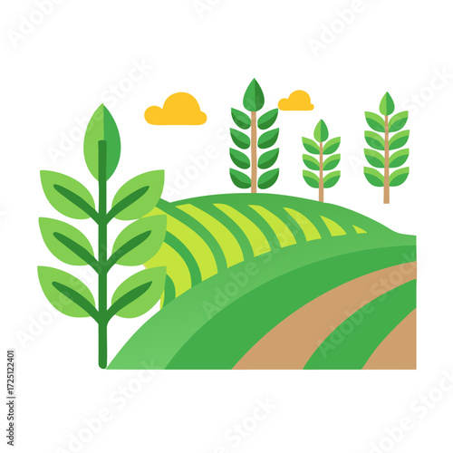 green agricultural landscape illustration with crops and clouds in vibrant colors