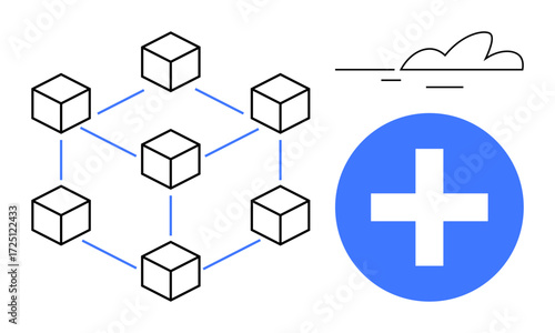 Linked cubes forming a blockchain network, blue plus sign, and minimalist cloud element. Ideal for technology, innovation, data sharing, healthcare, digital solutions, connectivity future concepts